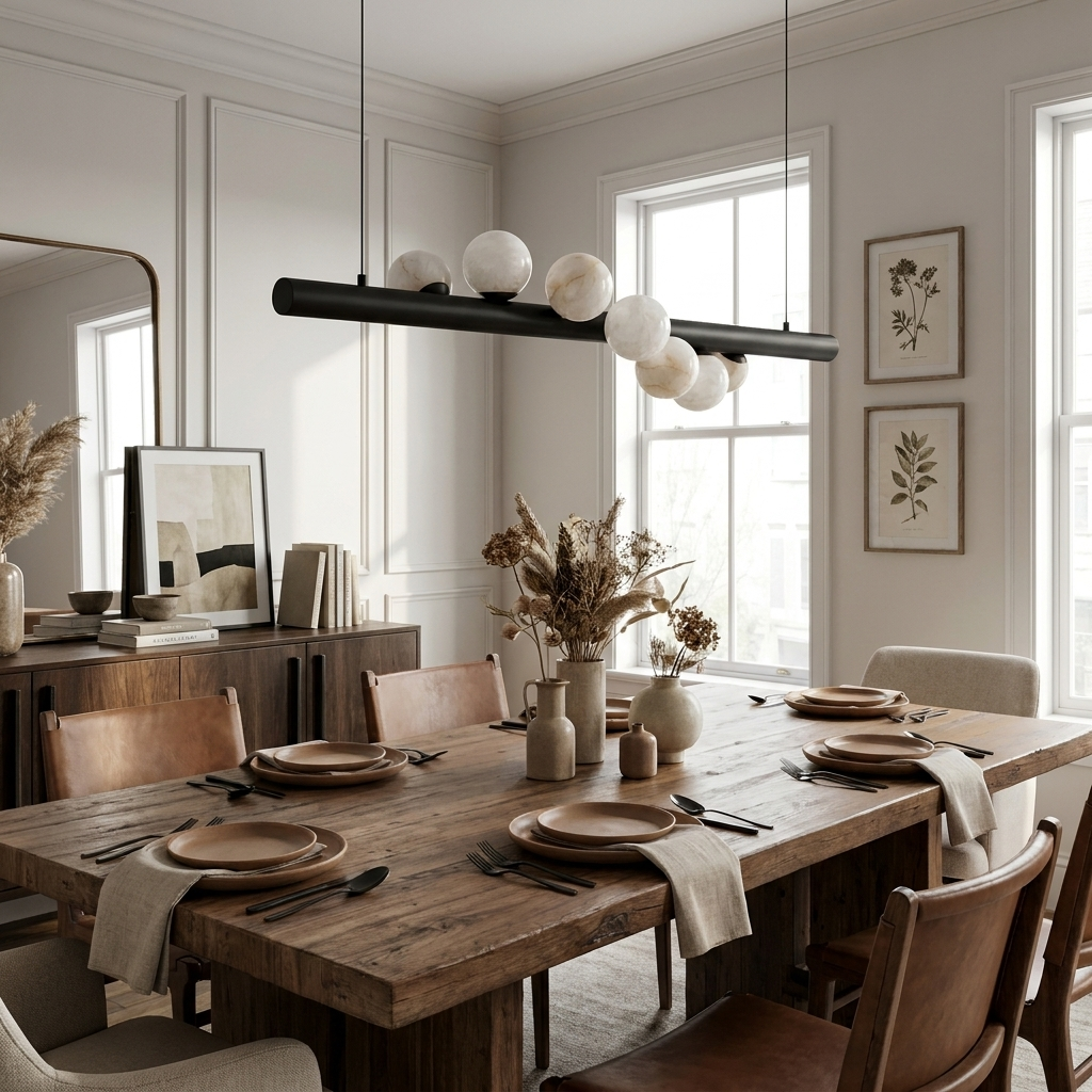 Above a wood table with brown leather chairs in a cream-walled dining room, this Clérachic pendant shows its matte black finish.