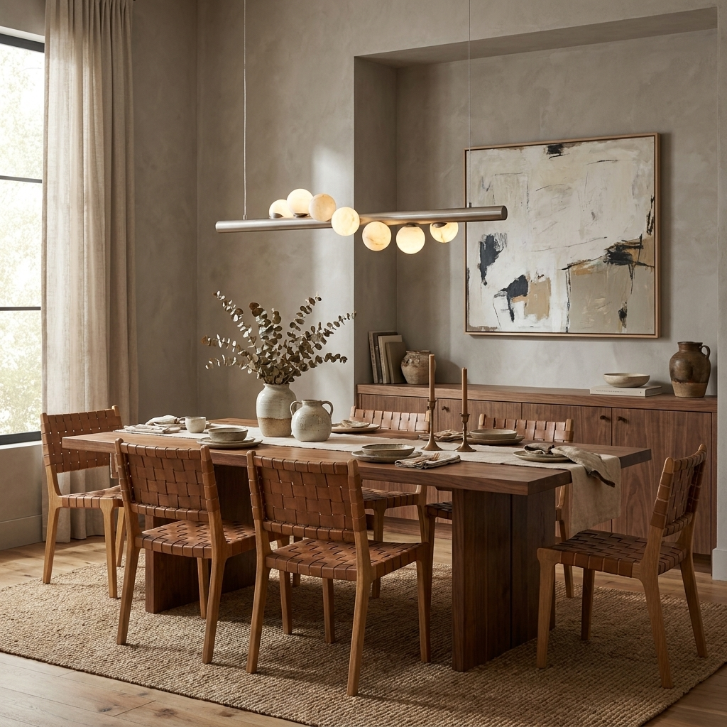 Above a wood table with woven leather-strap chairs, this Clérachic pendant in brushed nickel hangs level over the place settings.