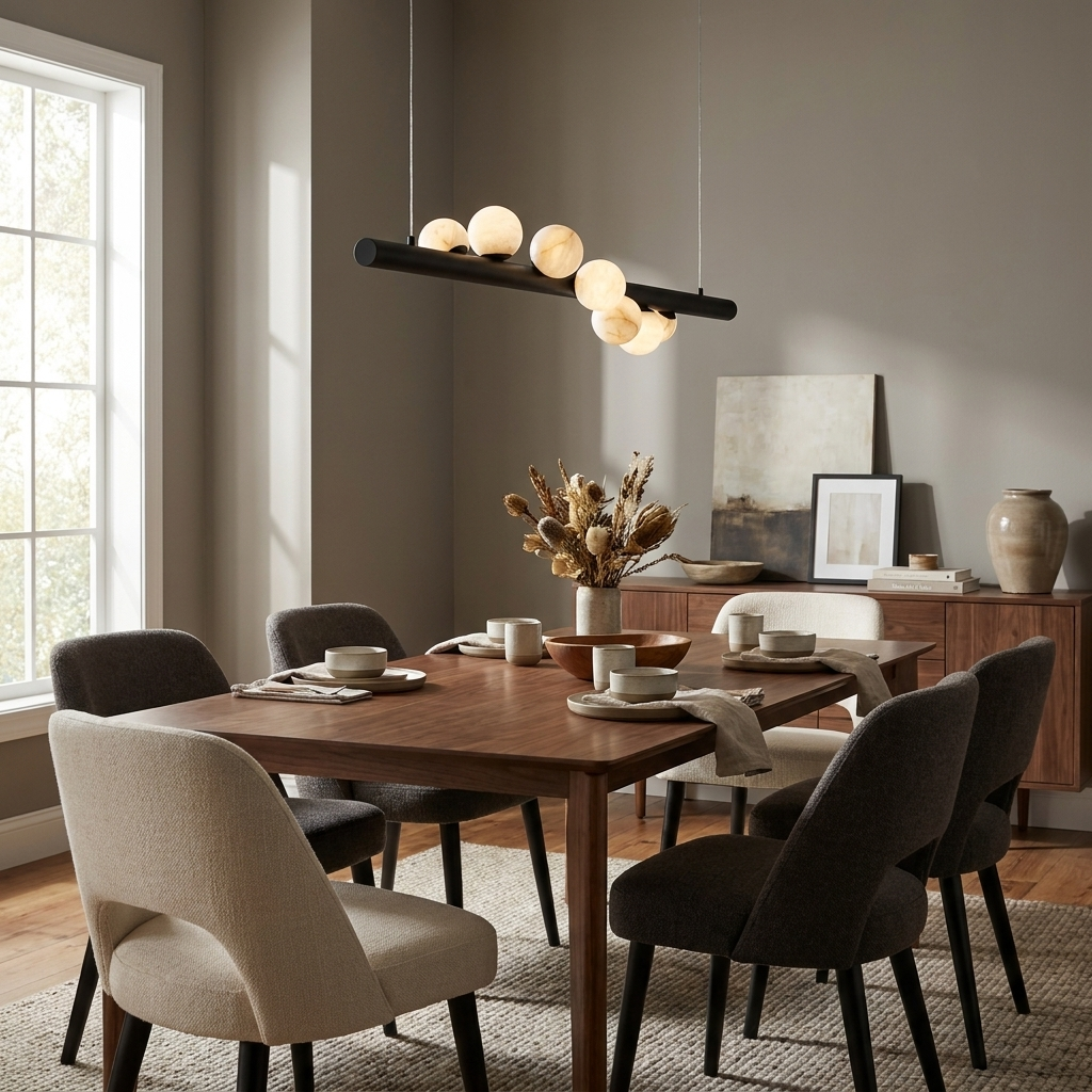 Above a wood table mixing grey and black dining chairs, this Clérachic pendant in matte black hangs level on its bar.