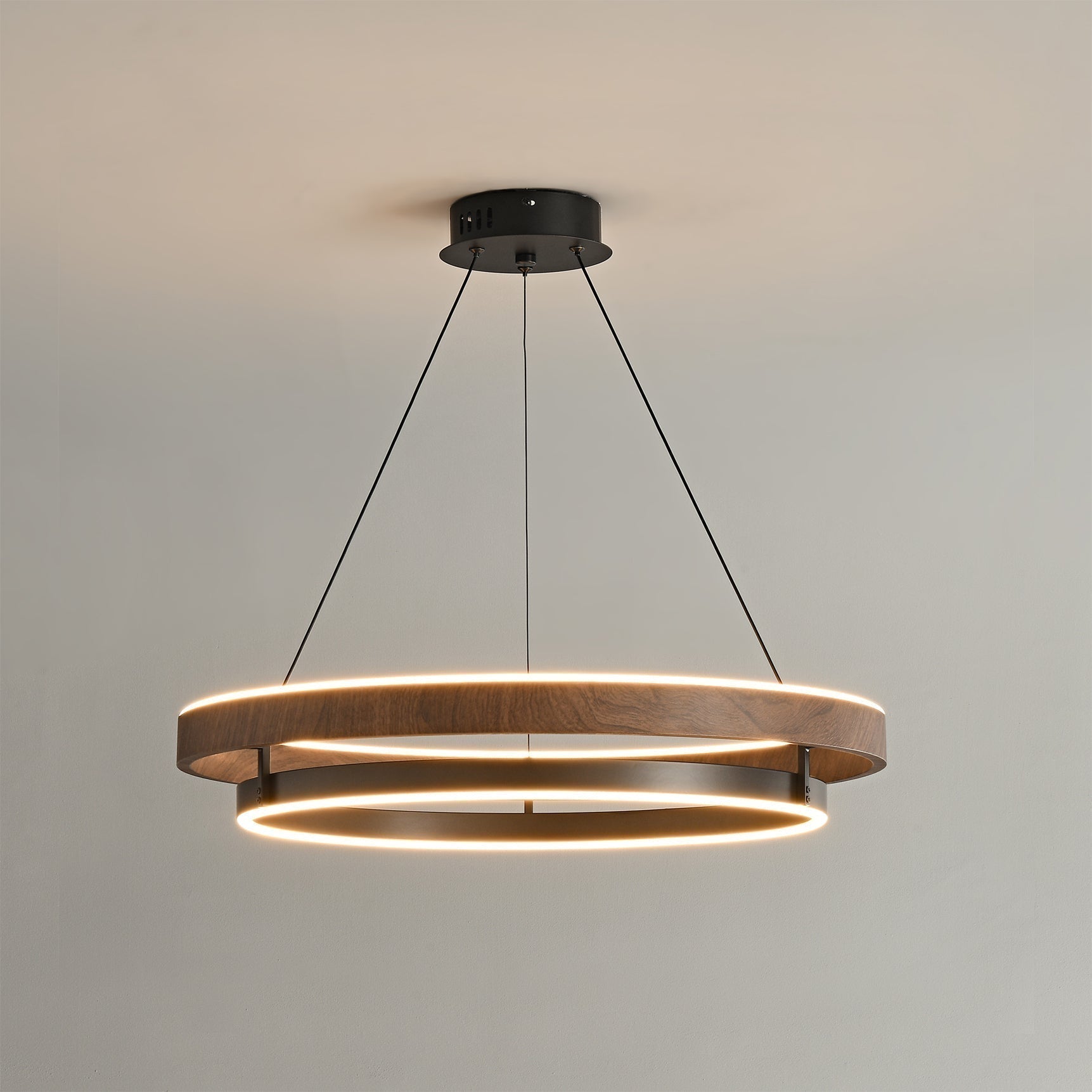 Dobbelt Ring LED Lysekrone, Valnød eller Sort Finish, Loftmontering