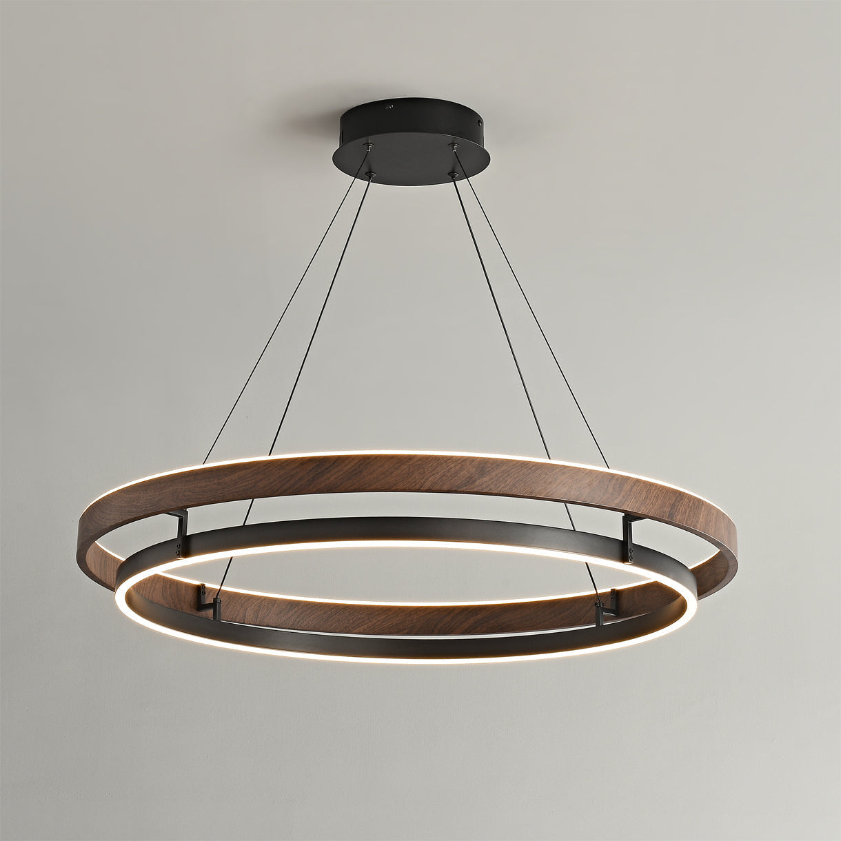 Dobbelt Ring LED Lysekrone, Valnød eller Sort Finish, Loftmontering
