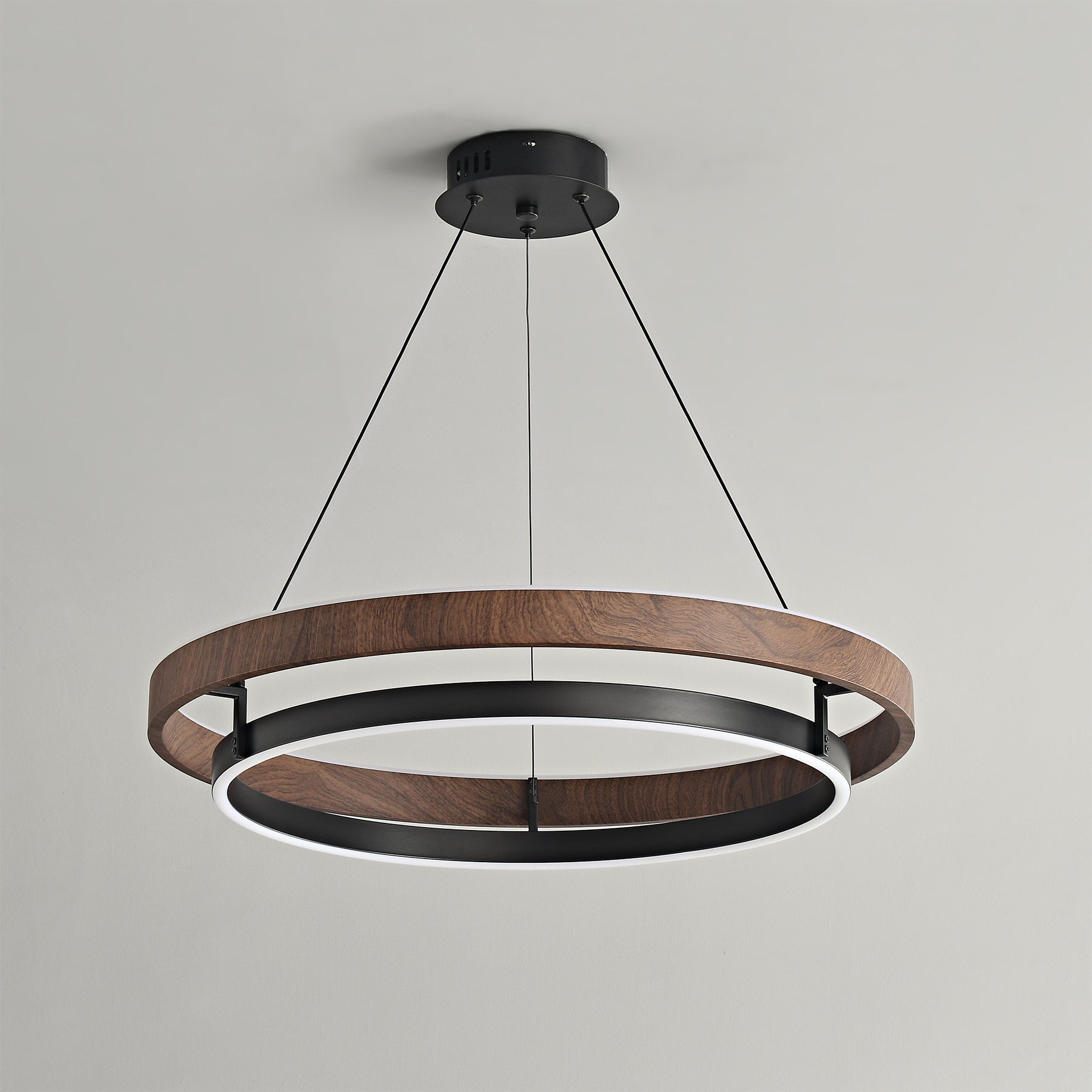 Dobbelt Ring LED Lysekrone, Valnød eller Sort Finish, Loftmontering