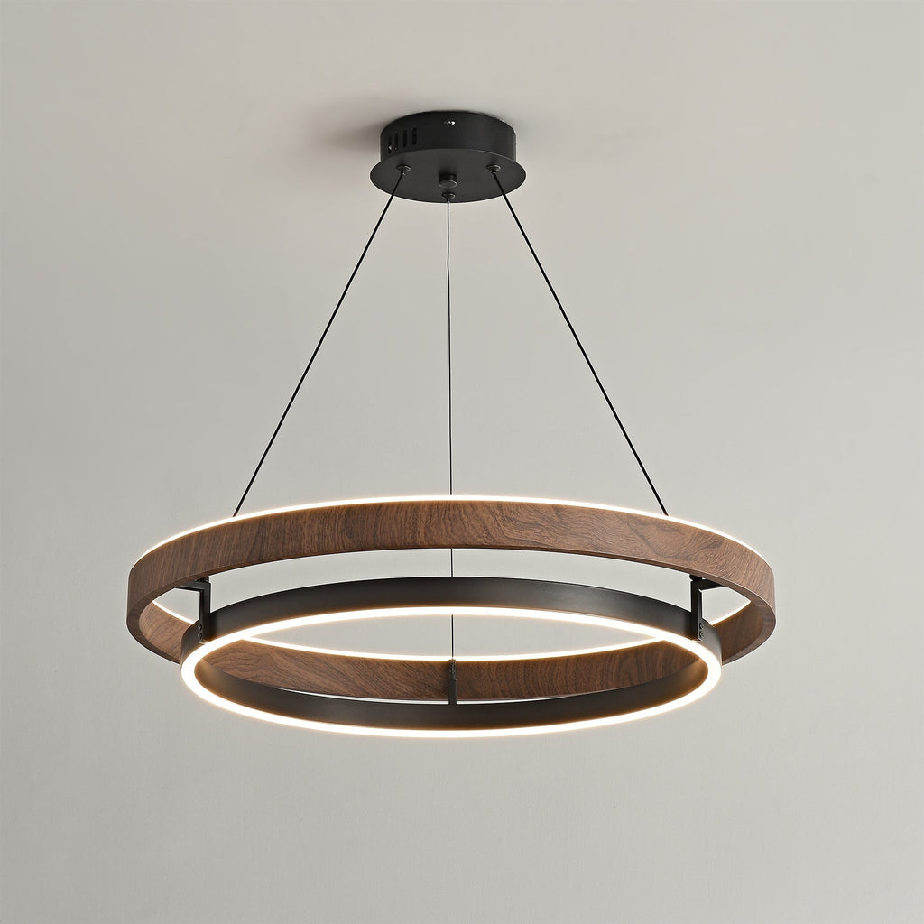 Dobbelt Ring LED Lysekrone, Valnød eller Sort Finish, Loftmontering