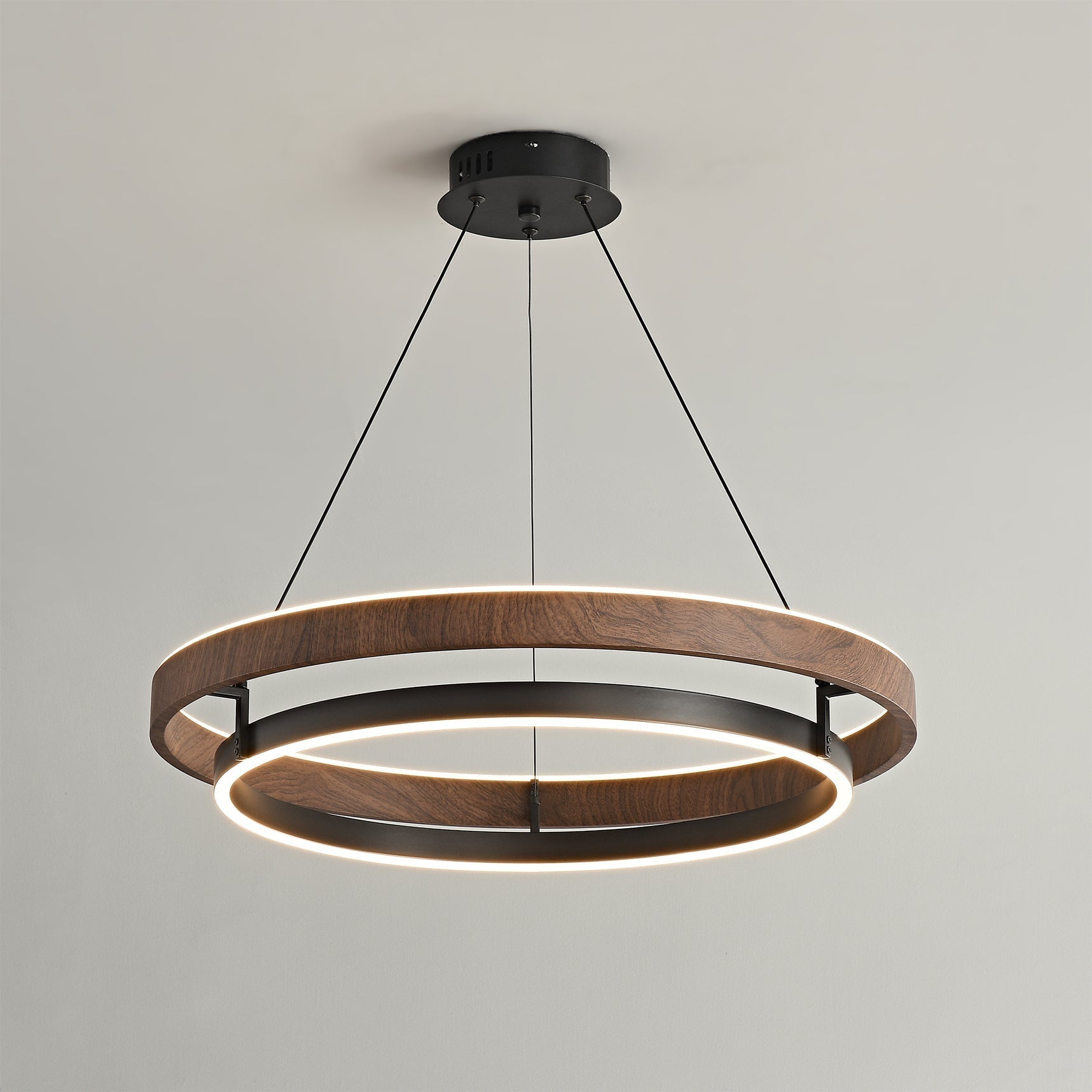 Dobbelt Ring LED Lysekrone, Valnød eller Sort Finish, Loftmontering