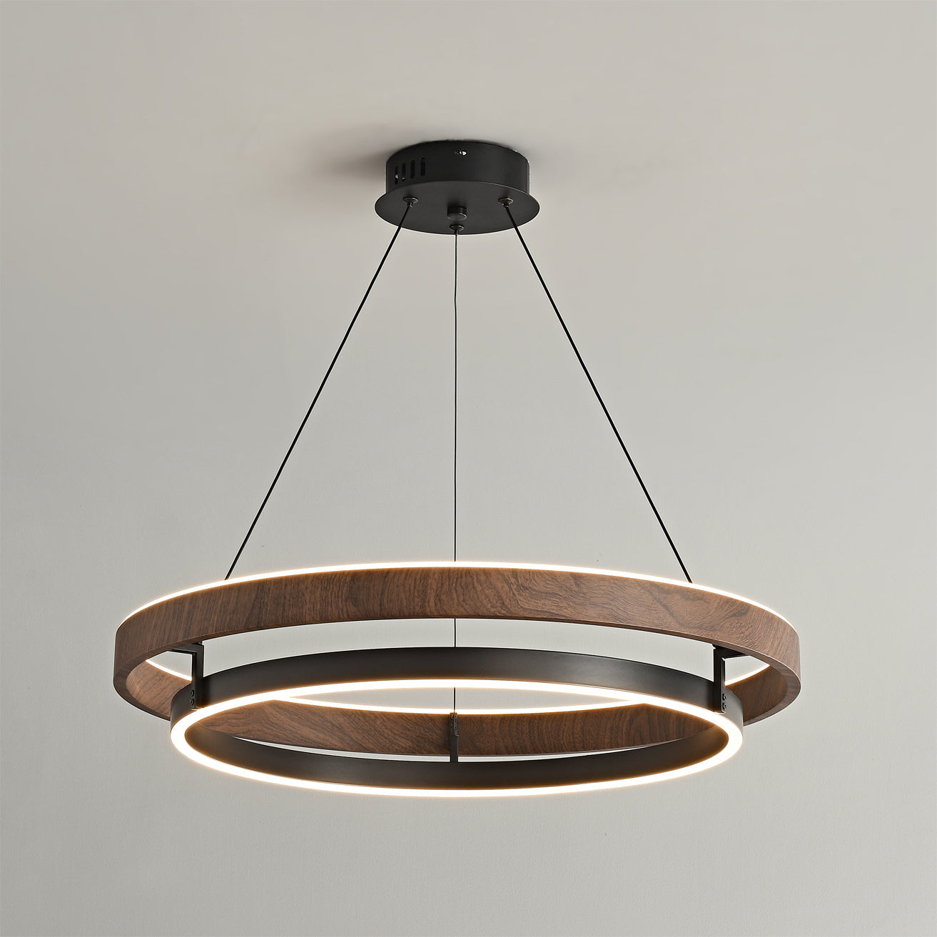 Dobbelt Ring LED Lysekrone, Valnød eller Sort Finish, Loftmontering