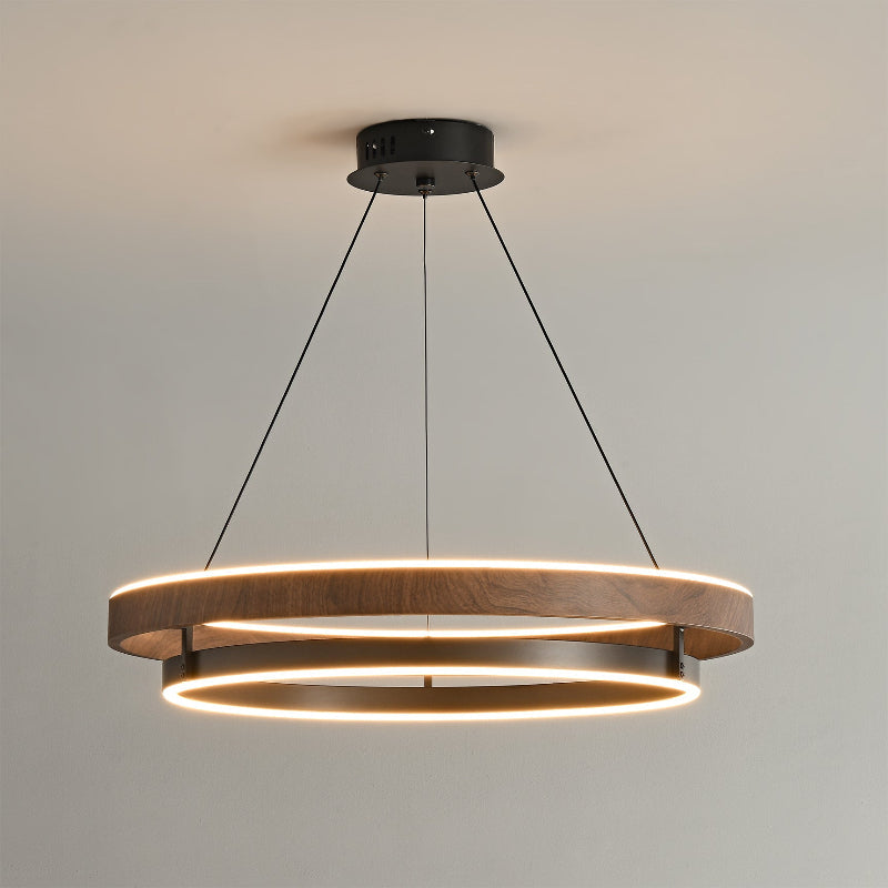 Dobbelt Ring LED Lysekrone, Valnød eller Sort Finish, Loftmontering