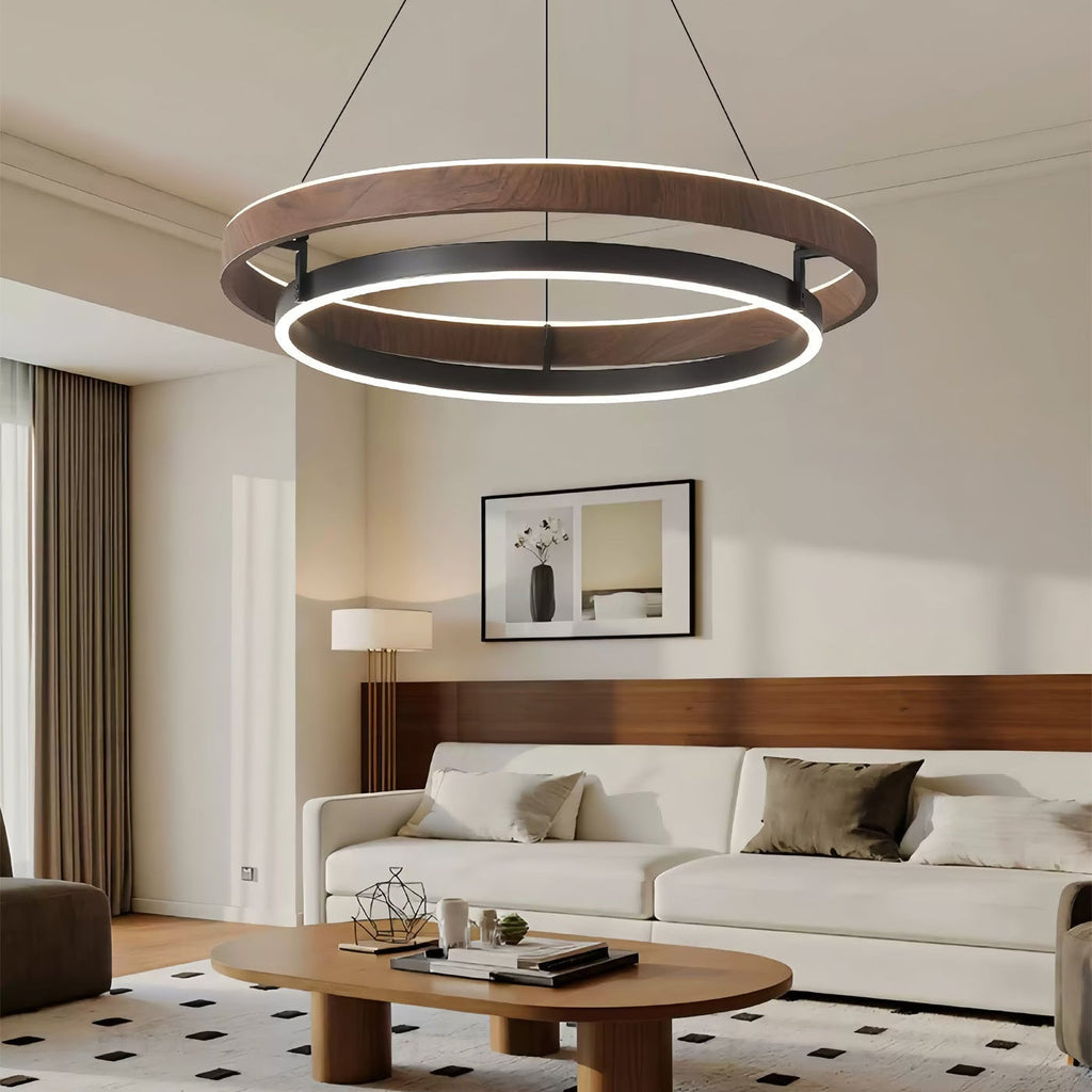 Dobbelt Ring LED Lysekrone, Valnød eller Sort Finish, Loftmontering