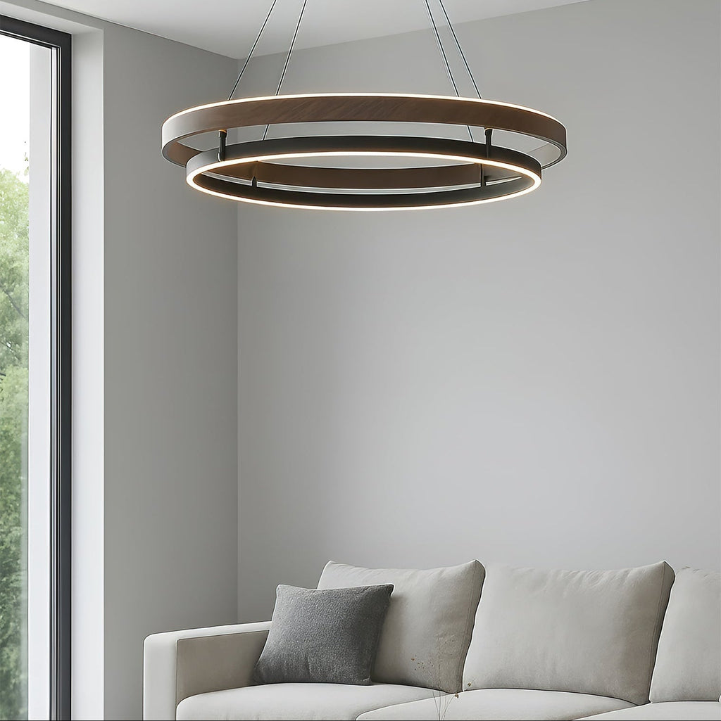 Dobbelt Ring LED Lysekrone, Valnød eller Sort Finish, Loftmontering