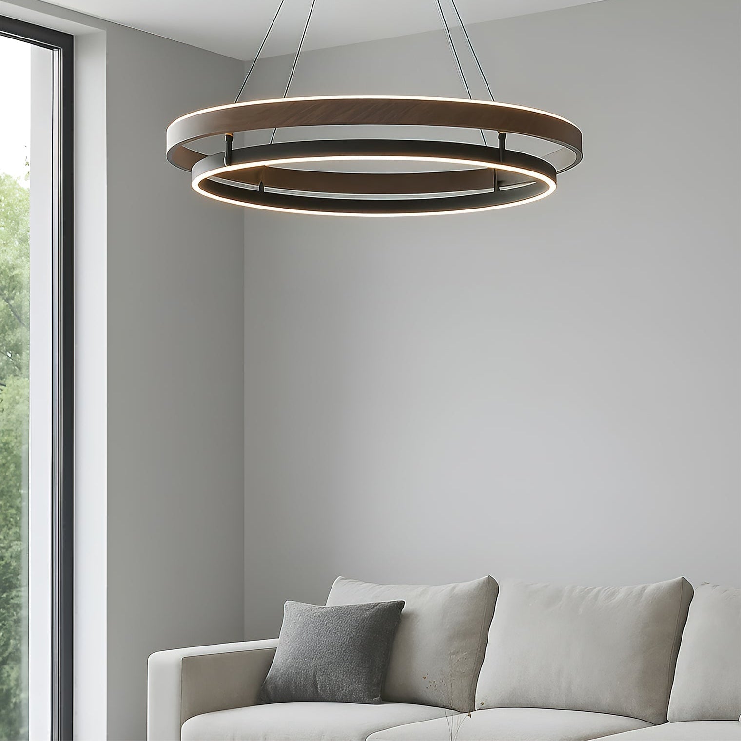 Dobbelt Ring LED Lysekrone, Valnød eller Sort Finish, Loftmontering