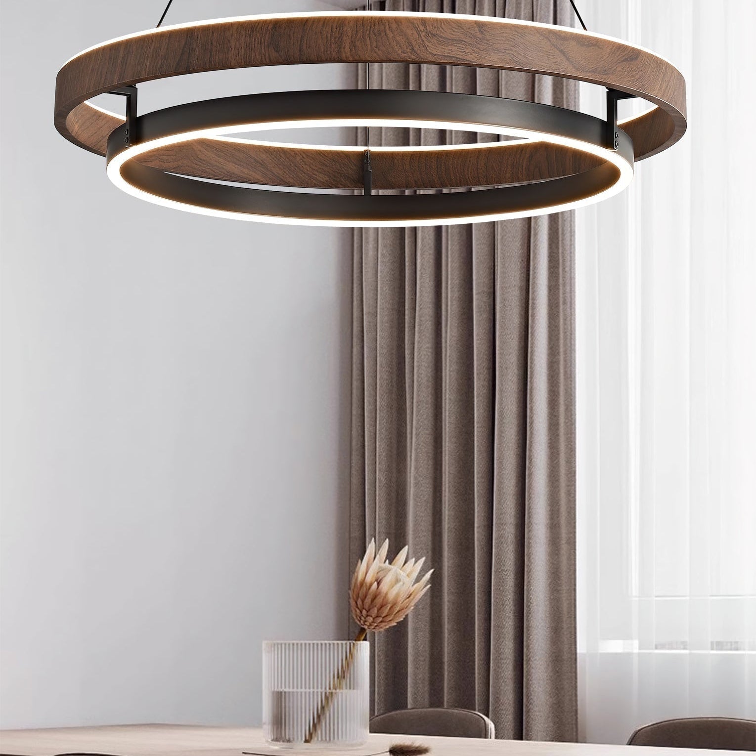 Dobbelt Ring LED Lysekrone, Valnød eller Sort Finish, Loftmontering