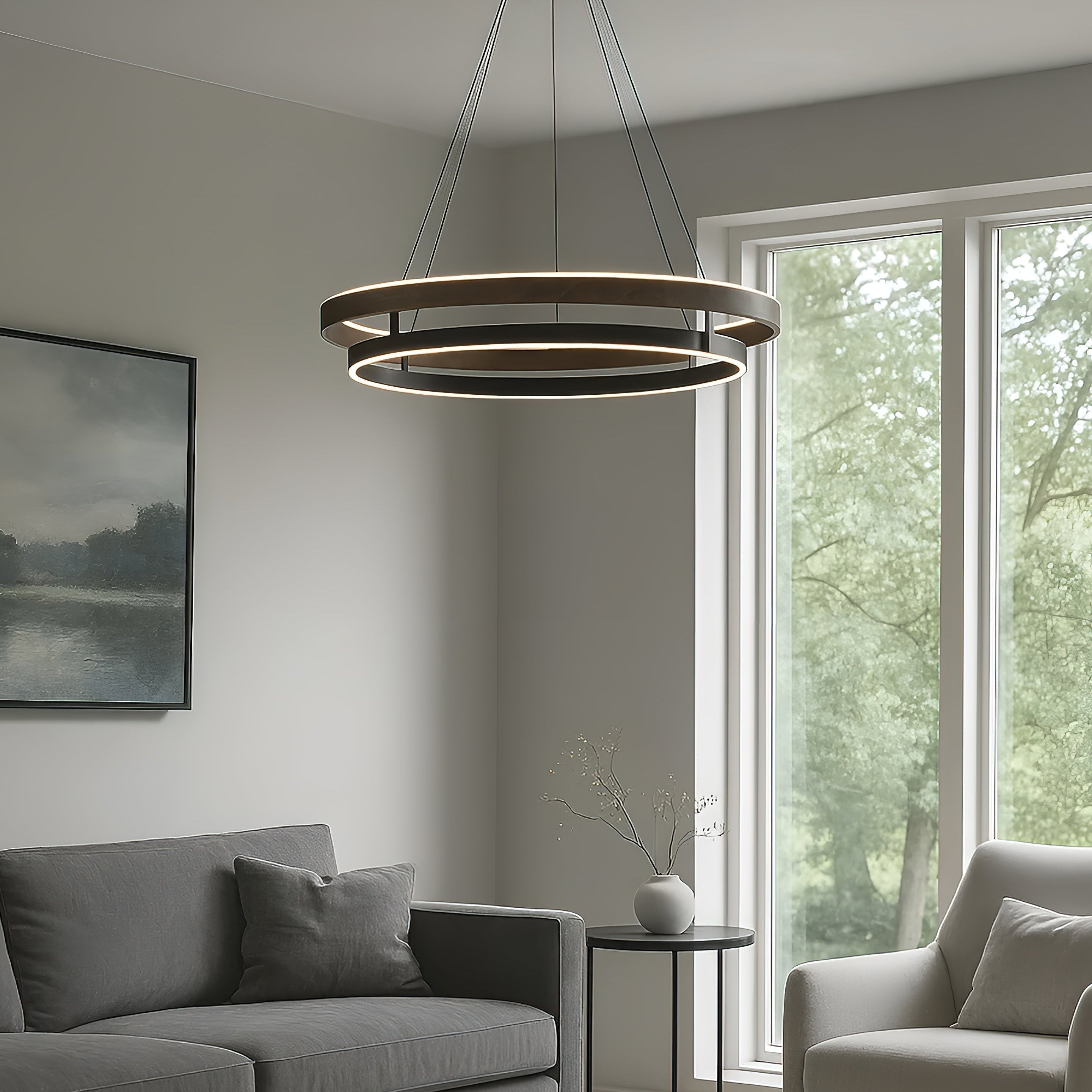 Dobbelt Ring LED Lysekrone, Valnød eller Sort Finish, Loftmontering
