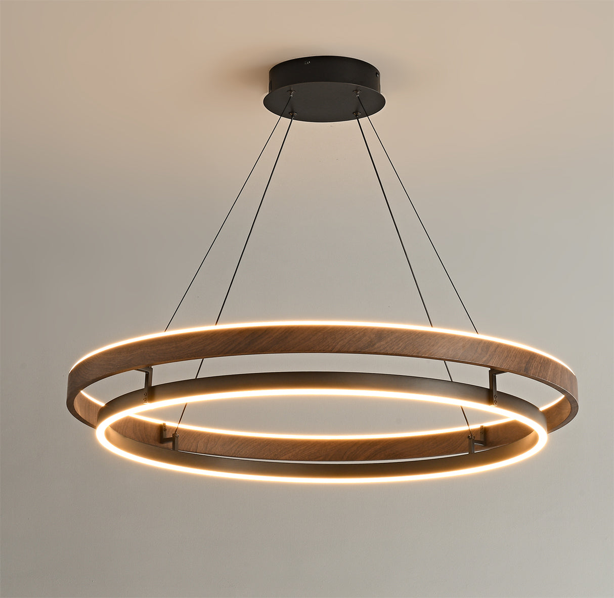 Dobbelt Ring LED Lysekrone, Valnød eller Sort Finish, Loftmontering