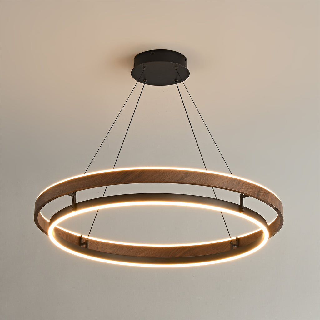 Dobbelt Ring LED Lysekrone, Valnød eller Sort Finish, Loftmontering