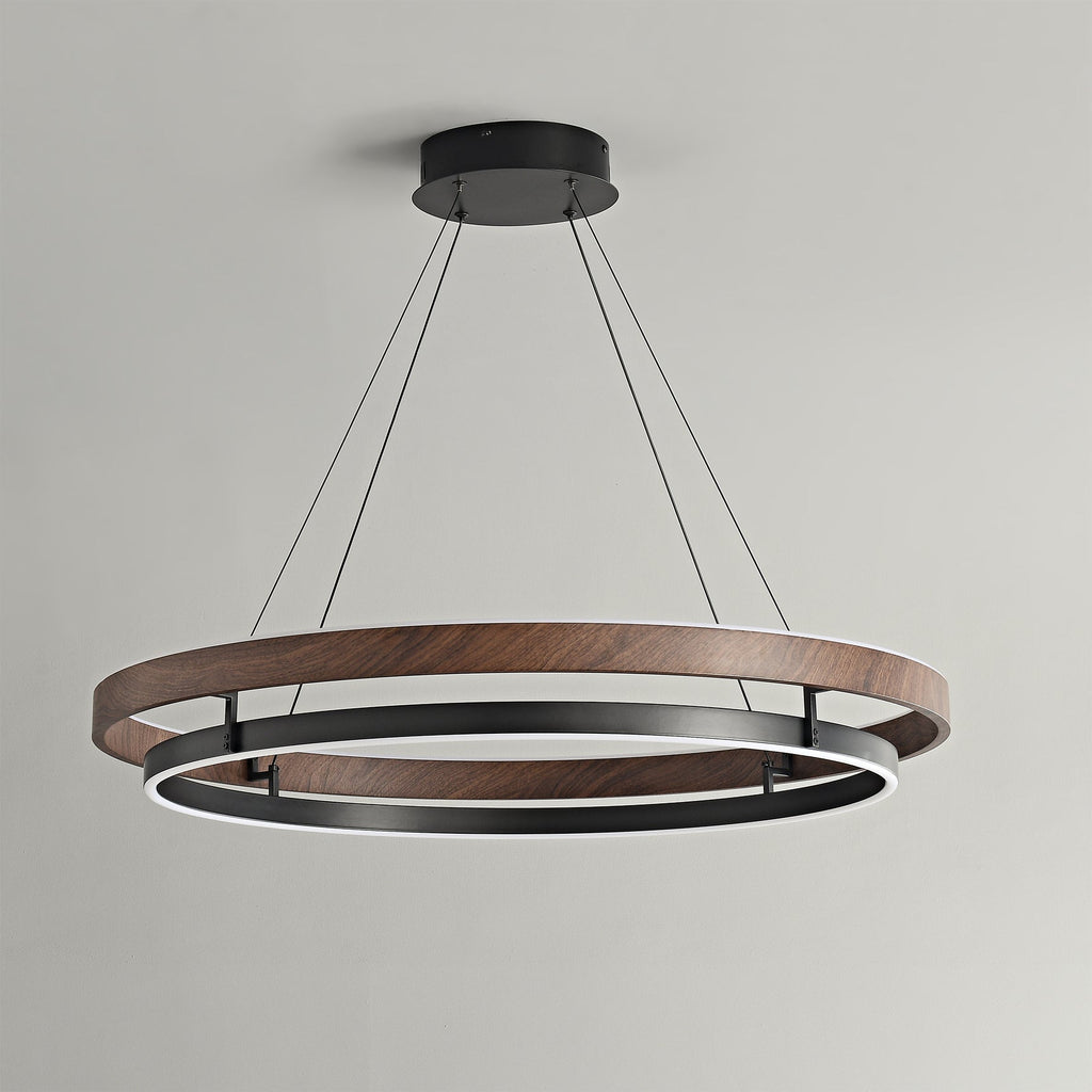 Dobbelt Ring LED Lysekrone, Valnød eller Sort Finish, Loftmontering