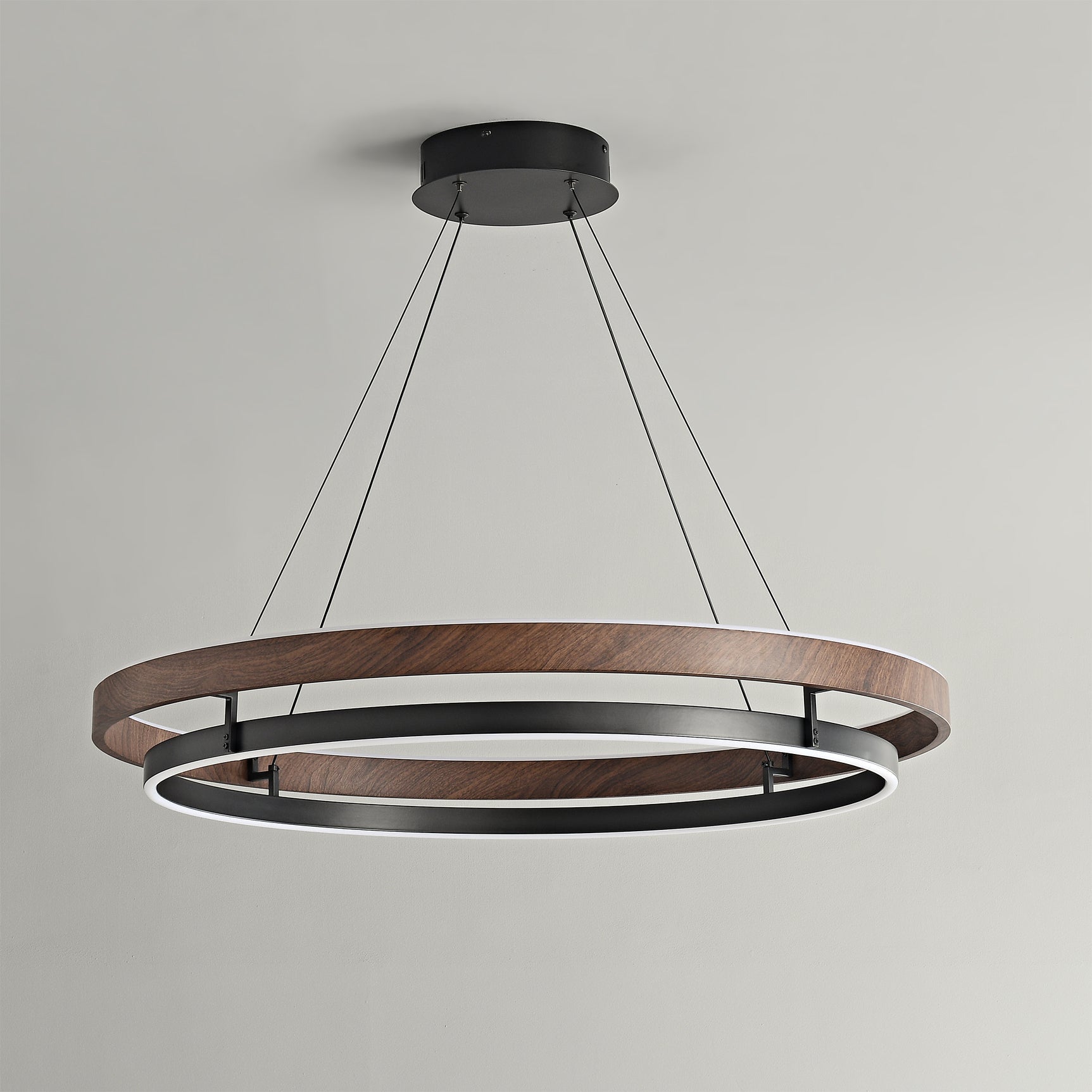 Dobbelt Ring LED Lysekrone, Valnød eller Sort Finish, Loftmontering