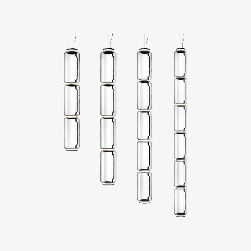 Line drawing of four Clérachic pendant configurations, each a vertical stack of clear glass cylinders.