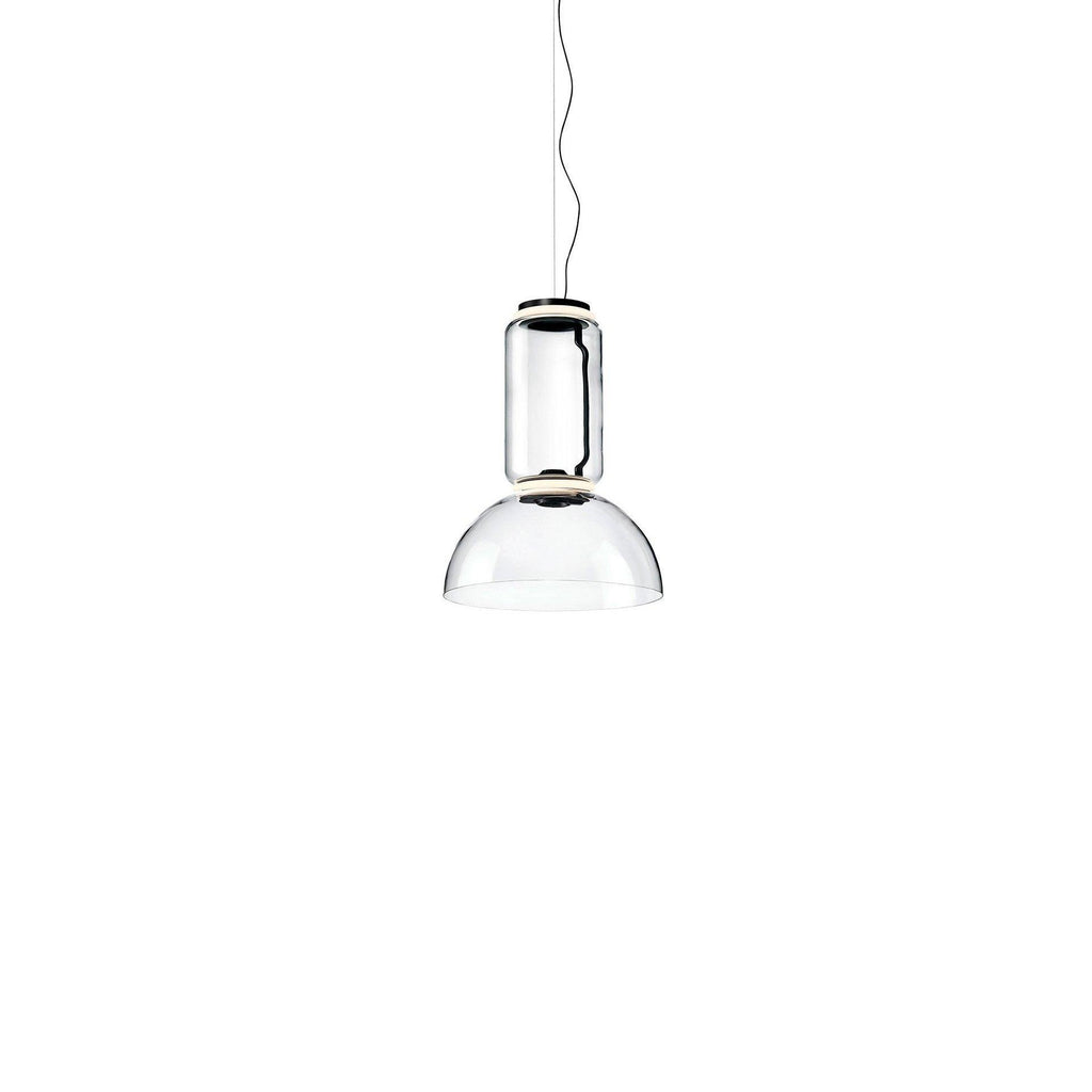 Studio shot of this Clérachic pendant with a cylinder top and a flared clear-glass bell shade.
