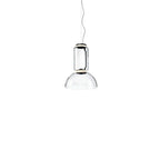 Studio shot of this Clérachic pendant with a cylinder top and a flared clear-glass bell shade.