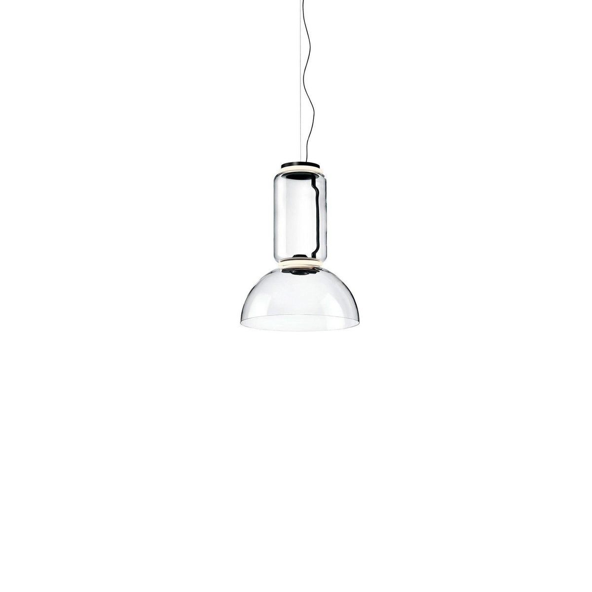 Studio shot of this Clérachic pendant with a cylinder top and a flared clear-glass bell shade.