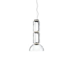 Studio shot of this Clérachic pendant with two glass cylinders above a dome-shaped shade.