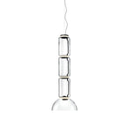 Studio shot of this Clérachic pendant with three glass cylinders above a dome-shaped shade.