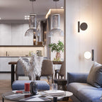 Two dome-shaded pendants from this Clérachic collection hang in a modern kitchen beside a round wall sconce.