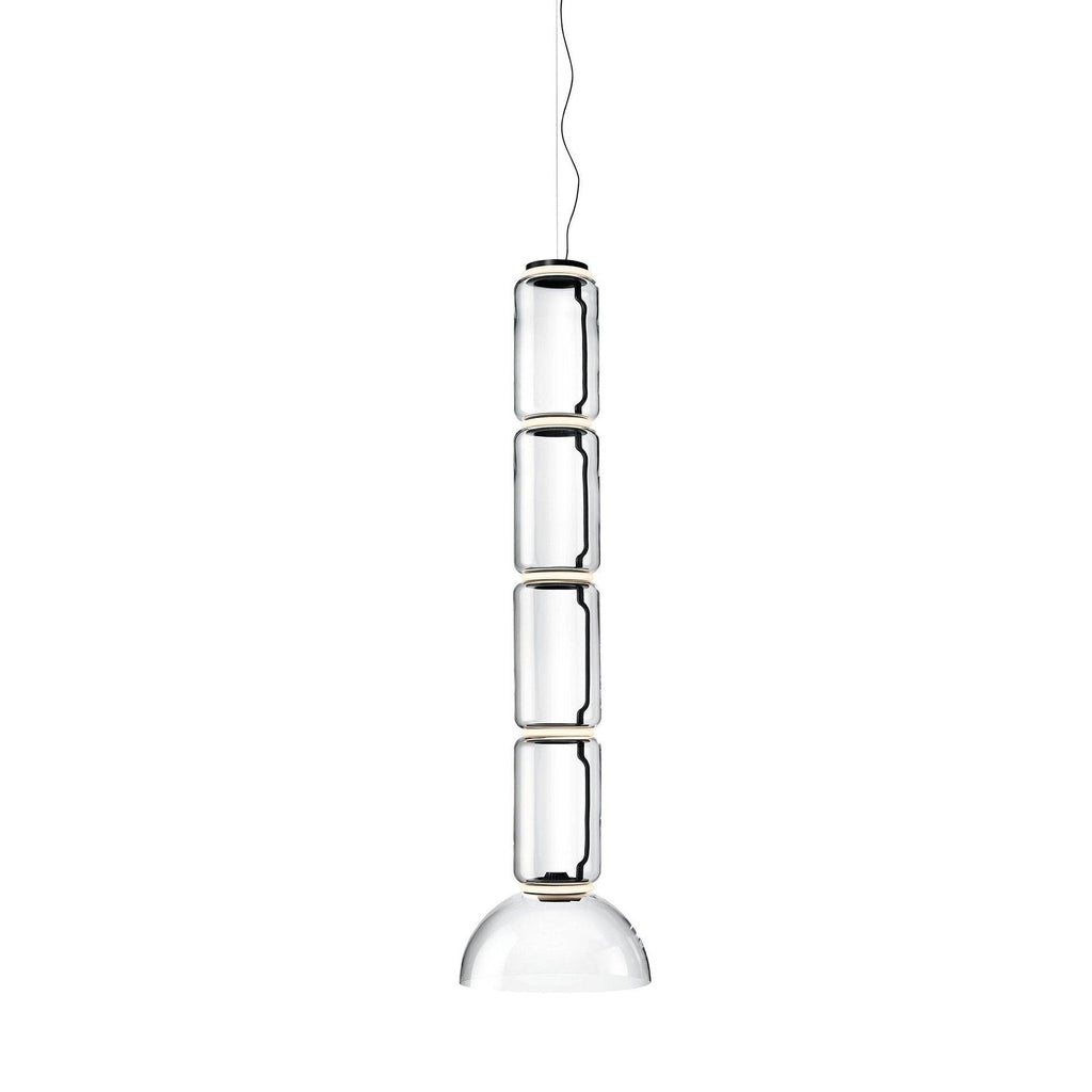 Studio shot of this Clérachic pendant with five glass cylinders above a dome-shaped shade.