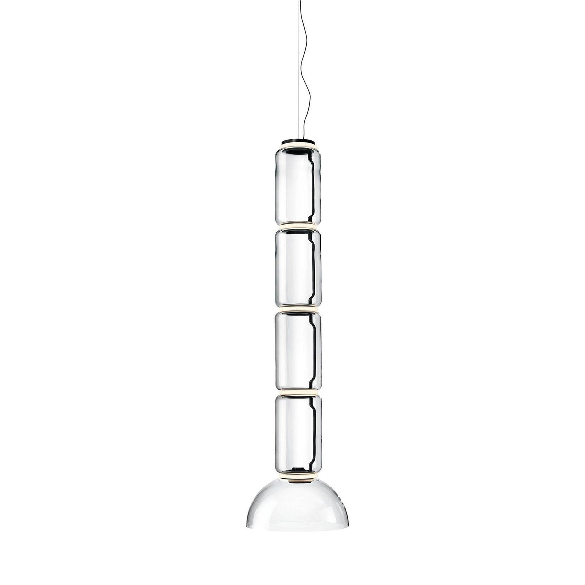 Studio shot of this Clérachic pendant with five glass cylinders above a dome-shaped shade.
