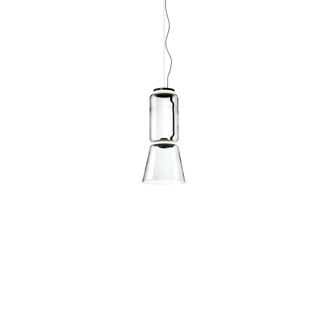 Studio shot of this Clérachic pendant with one glass cylinder above a small flared cone shade.