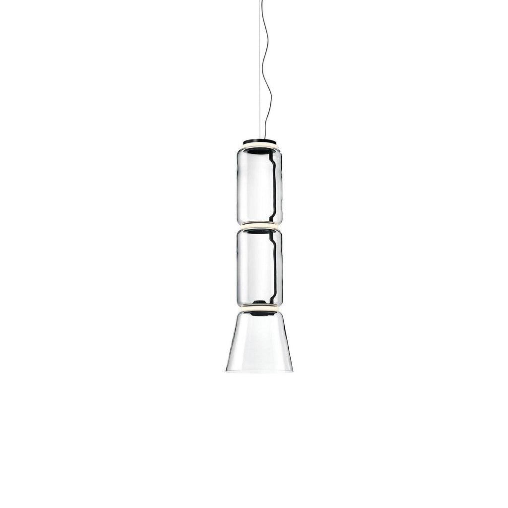 Studio shot of this Clérachic pendant with two glass cylinders above a flared cone shade.