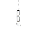 Studio shot of this Clérachic pendant with two glass cylinders above a flared cone shade.