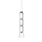 Studio shot of this Clérachic pendant with three glass cylinders above a flared cone shade.
