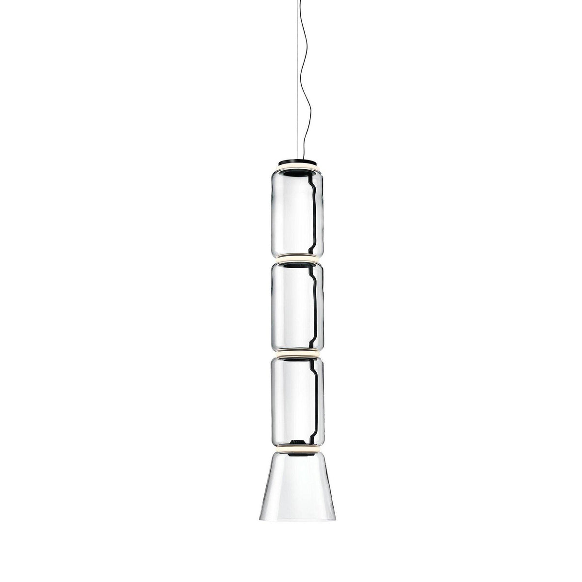 Studio shot of this Clérachic pendant with three glass cylinders above a flared cone shade.