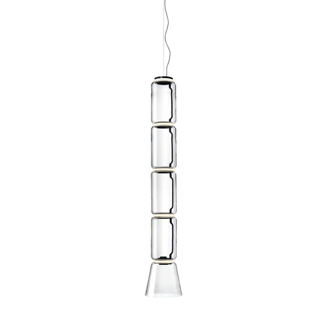 Studio shot of this Clérachic pendant with five glass cylinders above a flared cone shade.