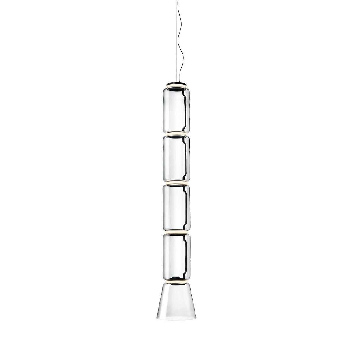 Studio shot of this Clérachic pendant with five glass cylinders above a flared cone shade.