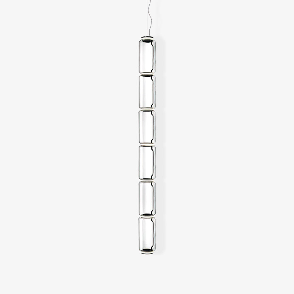 Studio shot of this Clérachic pendant's six stacked chrome-trimmed cylinders on a plain white backdrop.