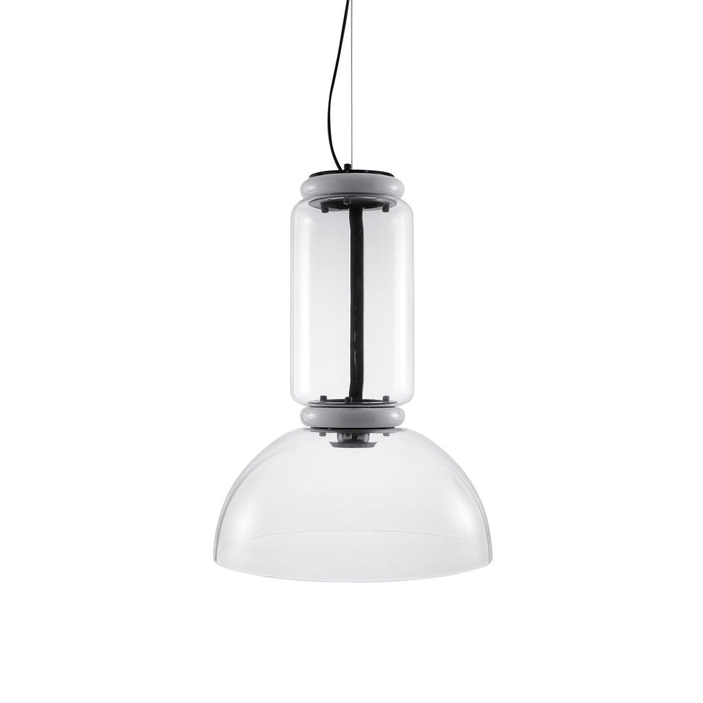 Studio shot of this Clérachic pendant with a single glass cylinder and a dome-shaped shade on a white background.