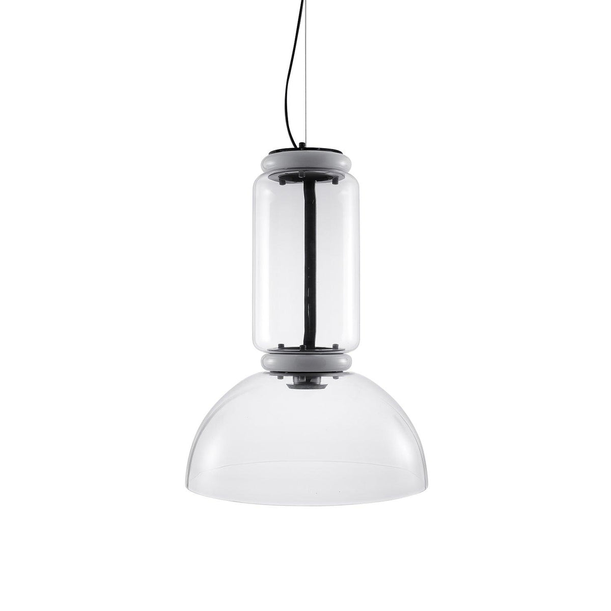 Studio shot of this Clérachic pendant with a single glass cylinder and a dome-shaped shade on a white background.