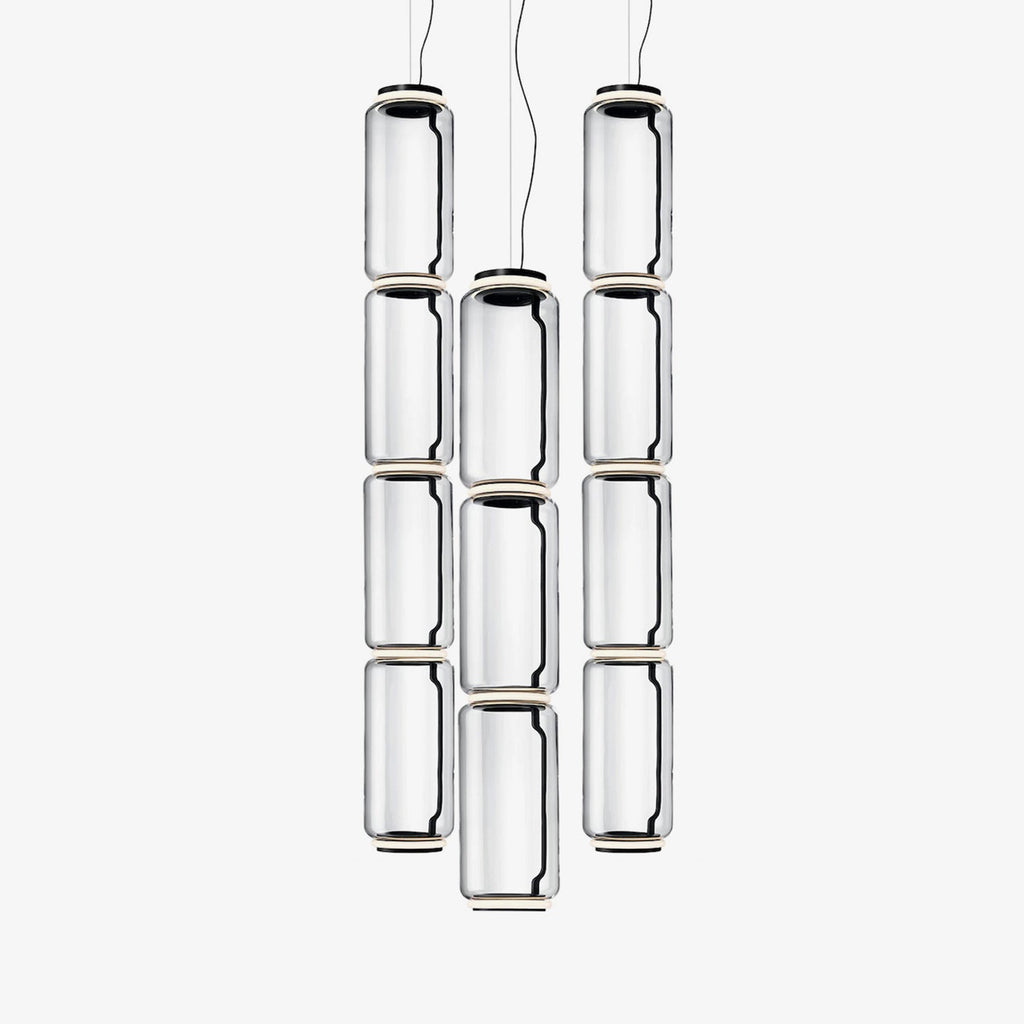 Line drawing of this Clérachic pendant, showing nine clear-glass cylinders clustered at staggered heights.