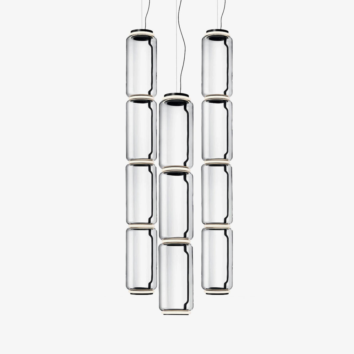 Line drawing of this Clérachic pendant, showing nine clear-glass cylinders clustered at staggered heights.