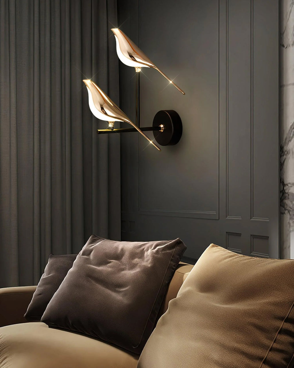 Detail of the magnetic bird sitting on the Nomi lamp rod