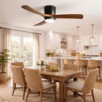 Natural wood ceiling fan with central LED, overhead angle