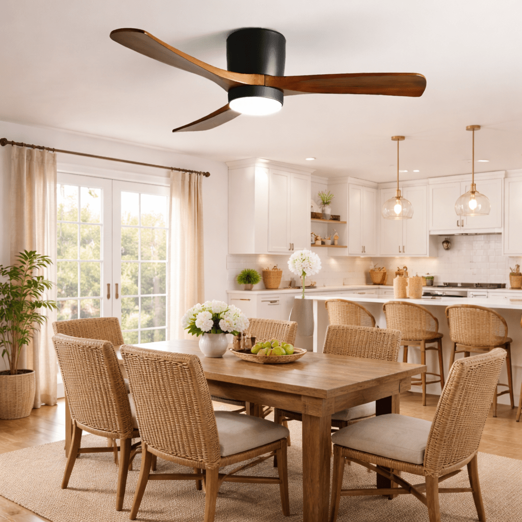 Natural wood ceiling fan with central LED, overhead angle