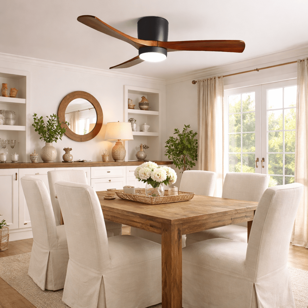 Wooden ceiling fan with integrated light shown on white background
