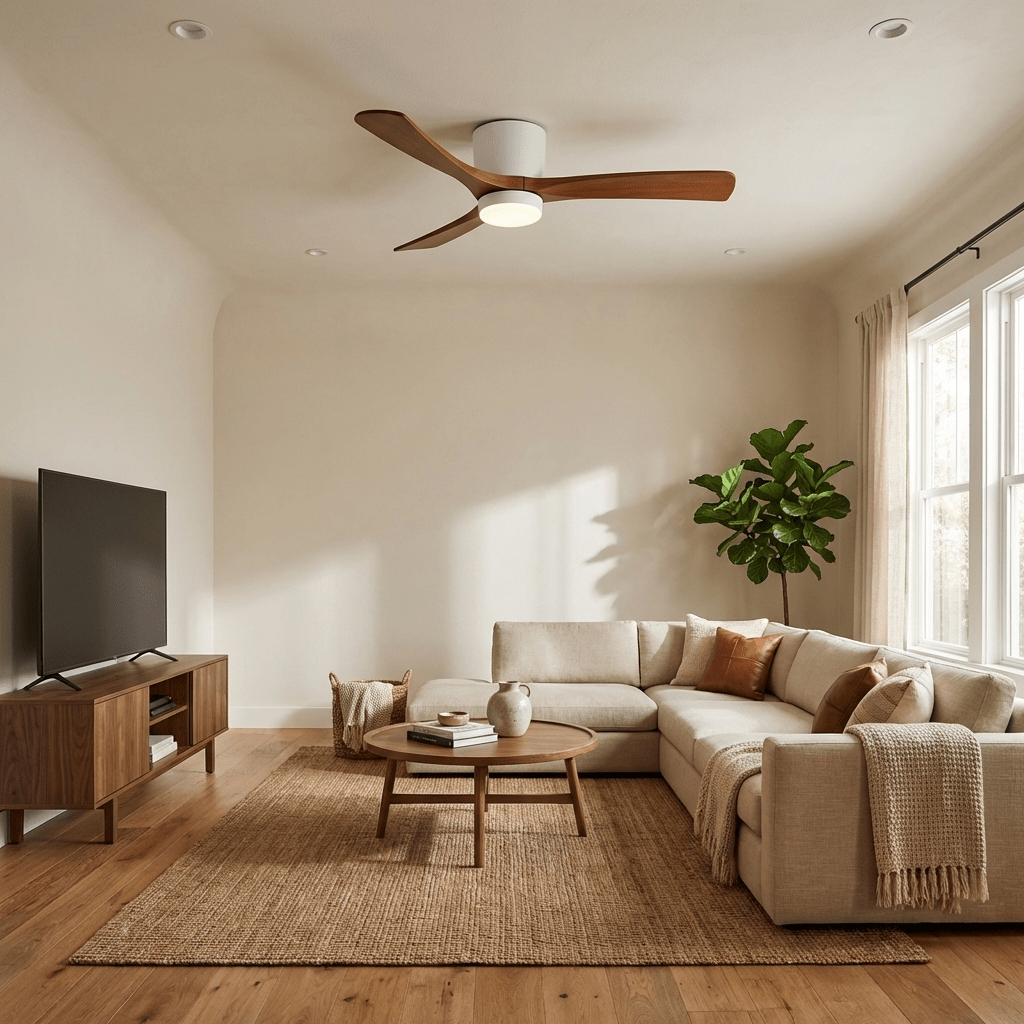 Wooden ceiling fan with metal frame shown on white
