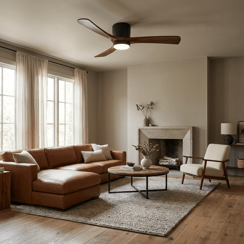 Natural wood ceiling fan with central light, angled product view