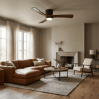 Natural wood ceiling fan with central light, angled product view