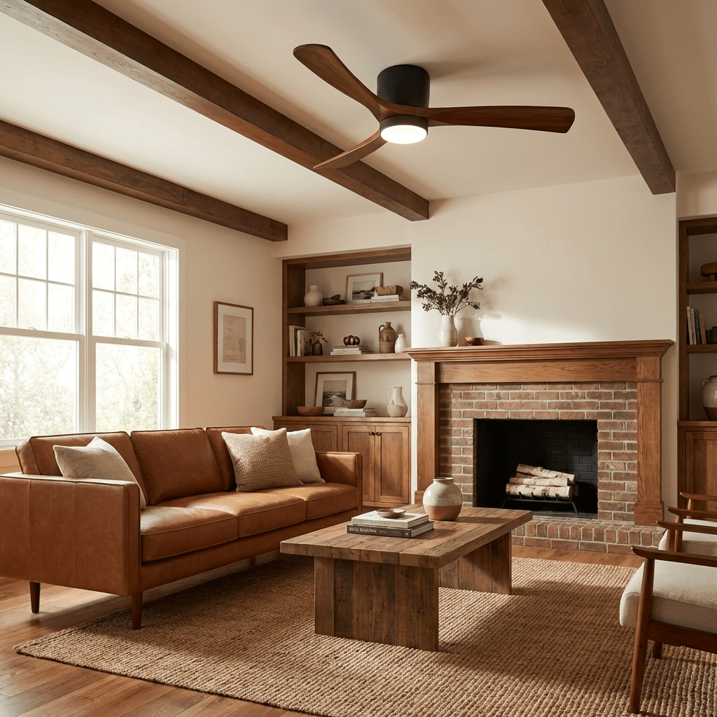 Wooden ceiling fan with integrated light shown isolated on white
