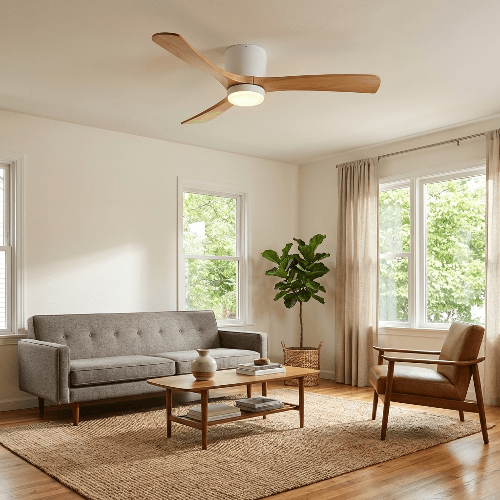 Wood-blade ceiling fan with LED light on plain background