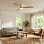 Wood-blade ceiling fan with LED light on plain background